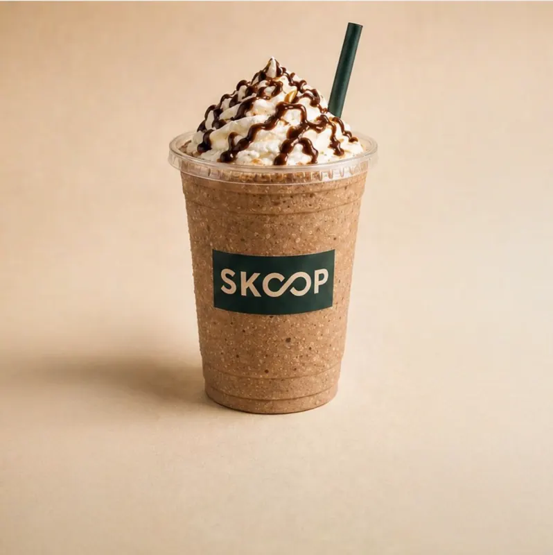 SKOOP frappé cup, whipped cream and chocolate sauce